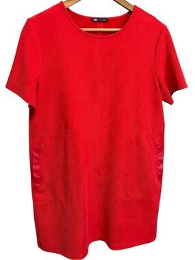 Zara red mod shift dress with faux leather pocket detail, size large